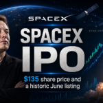 SpaceX IPO graphic with Elon Musk, rocket launch, Starlink satellites, Nasdaq screen and $135 stock price