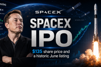 SpaceX IPO graphic with Elon Musk, rocket launch, Starlink satellites, Nasdaq screen and $135 stock price
