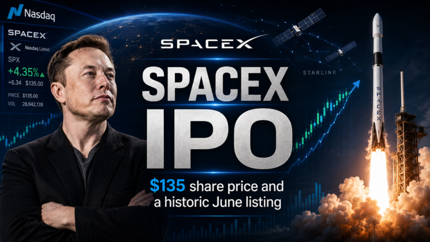 SpaceX IPO graphic with Elon Musk, rocket launch, Starlink satellites, Nasdaq screen and $135 stock price