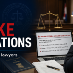 AI fake citations warning with lawyer, court documents, chatbot screen and legal verification symbols