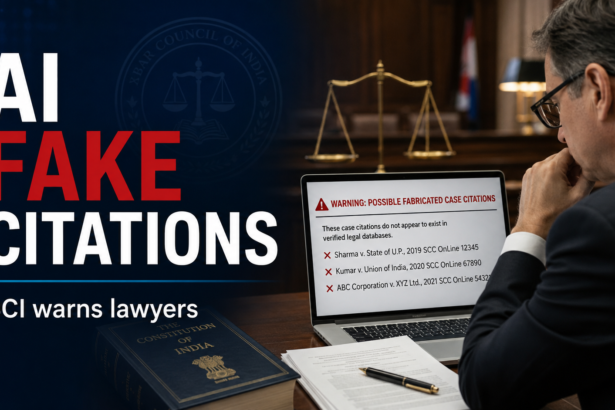 AI fake citations warning with lawyer, court documents, chatbot screen and legal verification symbols