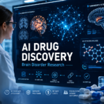 AI drug discovery for Alzheimer’s and Parkinson’s with brain scans, lab data and medicine research graphics
