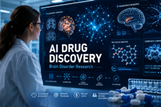 AI drug discovery for Alzheimer’s and Parkinson’s with brain scans, lab data and medicine research graphics
