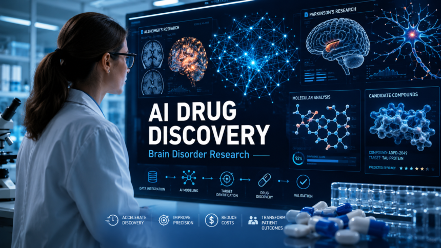 AI drug discovery for Alzheimer’s and Parkinson’s with brain scans, lab data and medicine research graphics