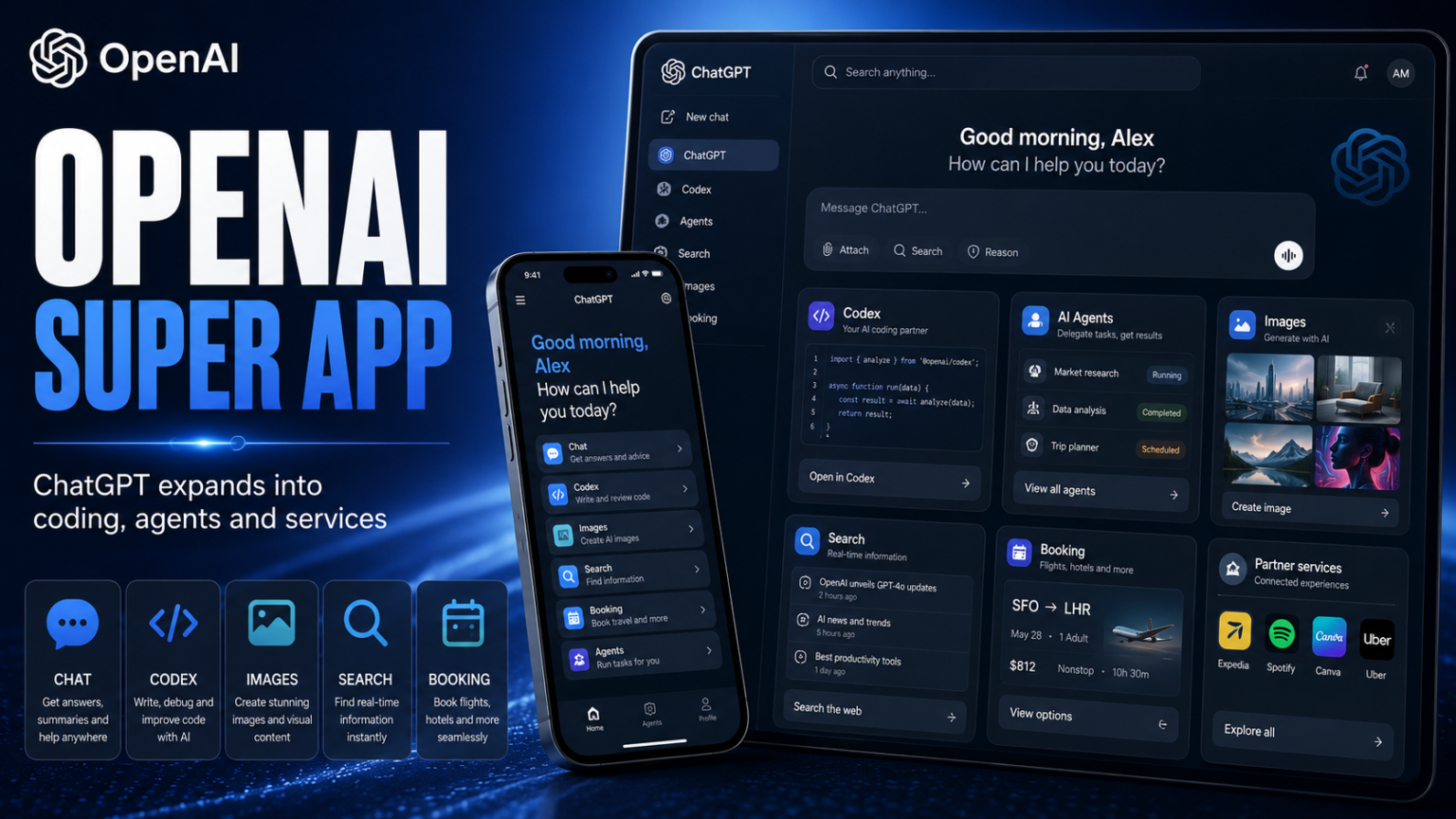OpenAI super app concept showing ChatGPT, Codex, AI agents and partner services on one dashboard