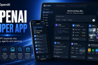 OpenAI super app concept showing ChatGPT, Codex, AI agents and partner services on one dashboard