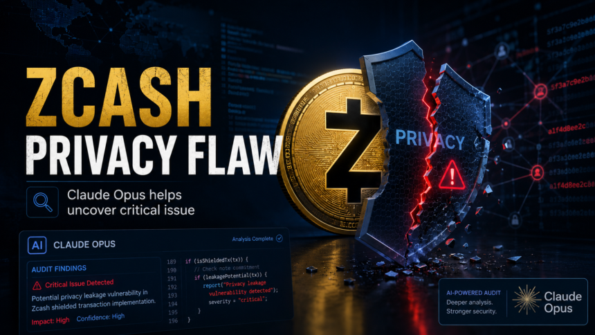Zcash privacy flaw discovered with Claude Opus 4.8 showing shielded pool security and counterfeit ZEC risk
