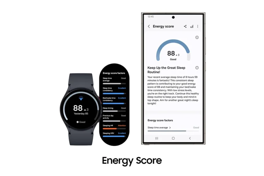 Samsung Galaxy Watch AI health features showing Vitals, Heart Health Score, Daily Cardio Load and Fitness Index