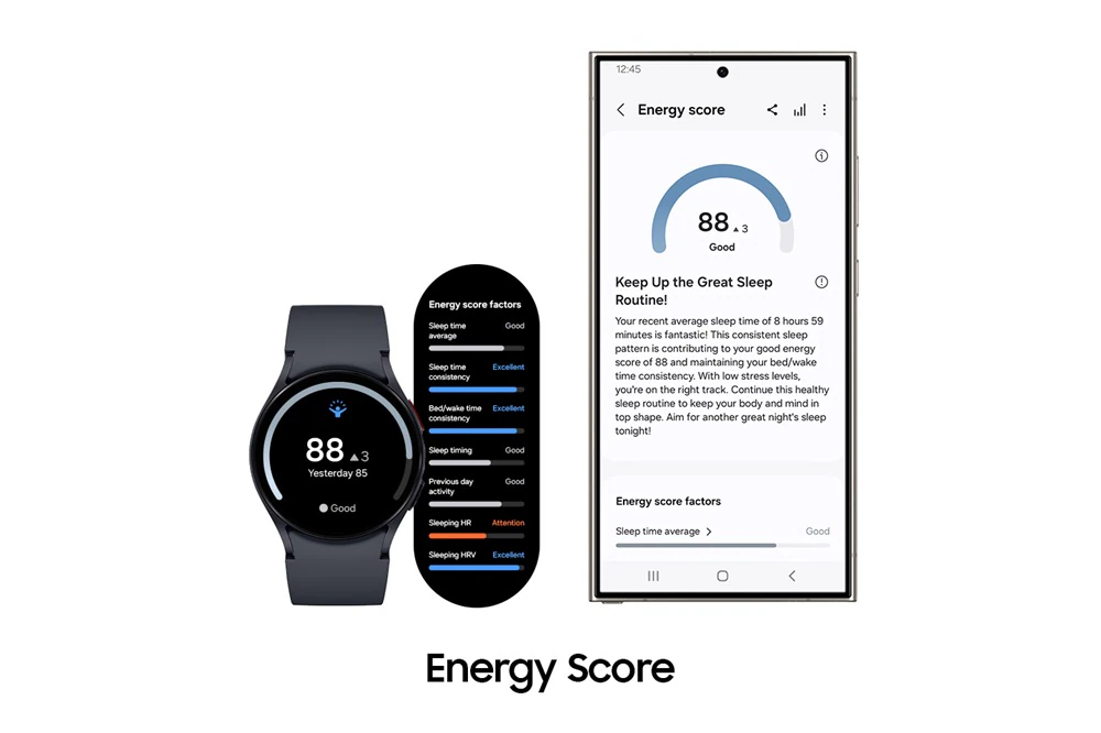 Samsung Galaxy Watch AI health features showing Vitals, Heart Health Score, Daily Cardio Load and Fitness Index