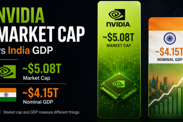 Nvidia market cap compared with India GDP showing AI chips, stock chart and economic data