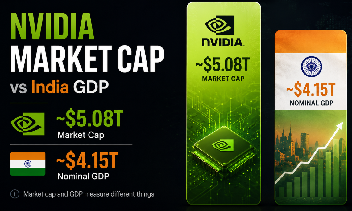 Nvidia market cap compared with India GDP showing AI chips, stock chart and economic data
