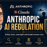 Anthropic AI regulation concept with Dario Amodei, Claude logo, government building and aviation-style safety checklist