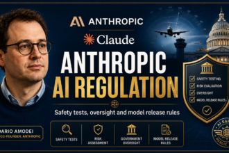 Anthropic AI regulation concept with Dario Amodei, Claude logo, government building and aviation-style safety checklist