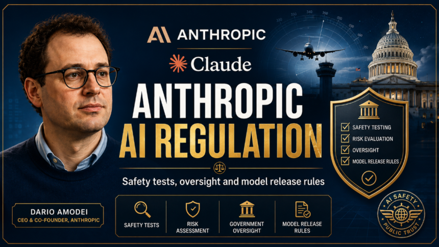 Anthropic AI regulation concept with Dario Amodei, Claude logo, government building and aviation-style safety checklist