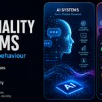 AI personality systems showing a chatbot interface, human behaviour patterns and trust risk symbols