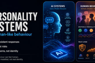 AI personality systems showing a chatbot interface, human behaviour patterns and trust risk symbols