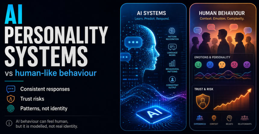 AI personality systems showing a chatbot interface, human behaviour patterns and trust risk symbols