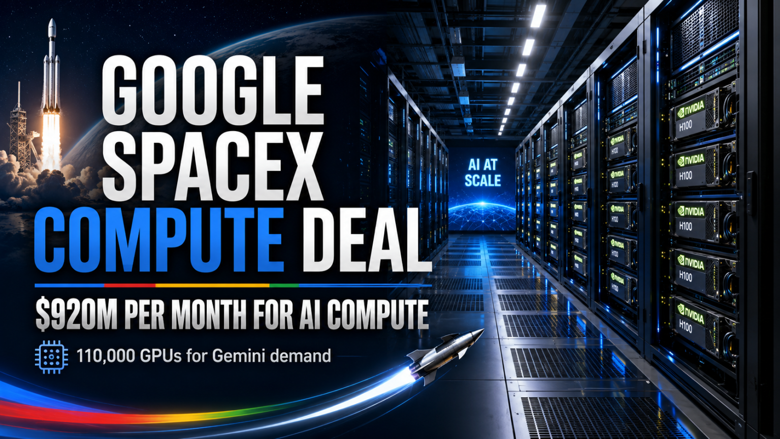 Google SpaceX compute deal showing AI data center hardware, Nvidia GPUs and $920 million monthly compute cost