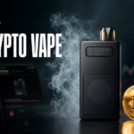 AI crypto vape with Bitcoin rewards, cannabis tech branding and warning symbols