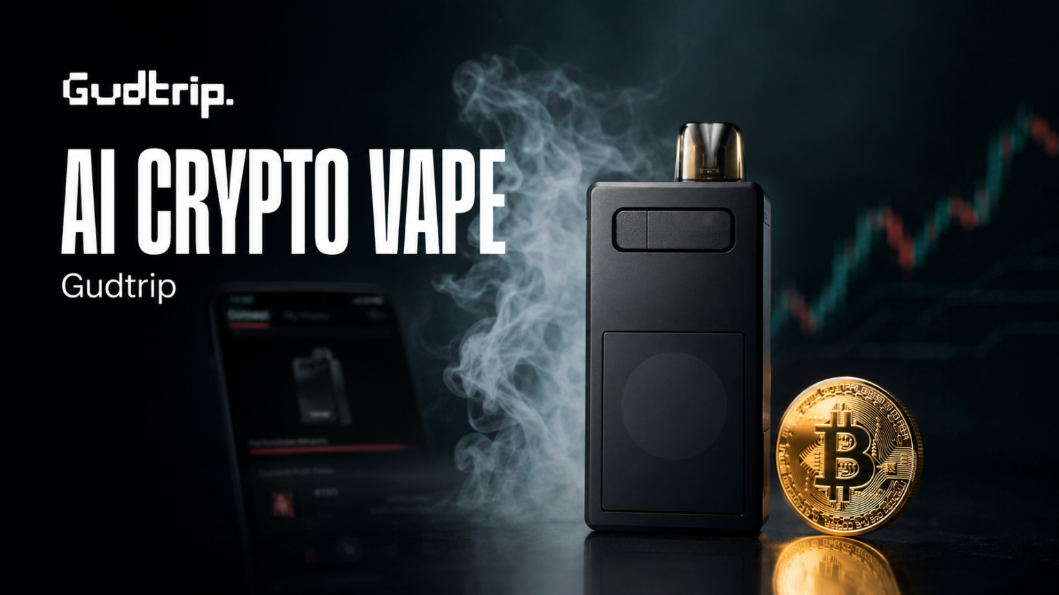 AI crypto vape with Bitcoin rewards, cannabis tech branding and warning symbols