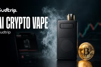 AI crypto vape with Bitcoin rewards, cannabis tech branding and warning symbols
