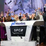 SpaceX IPO graphic showing Nasdaq, rocket launch, AI infrastructure and public market pressure
