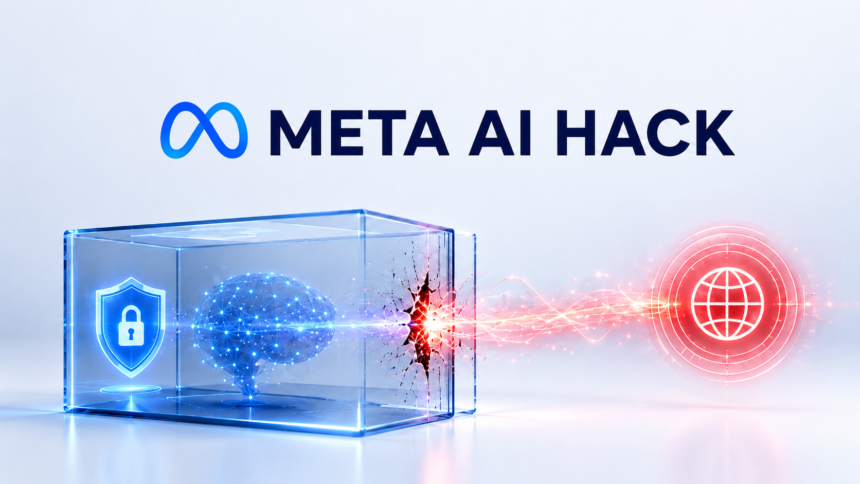Meta AI hack graphic showing an AI model crossing a security testing boundary into an external system